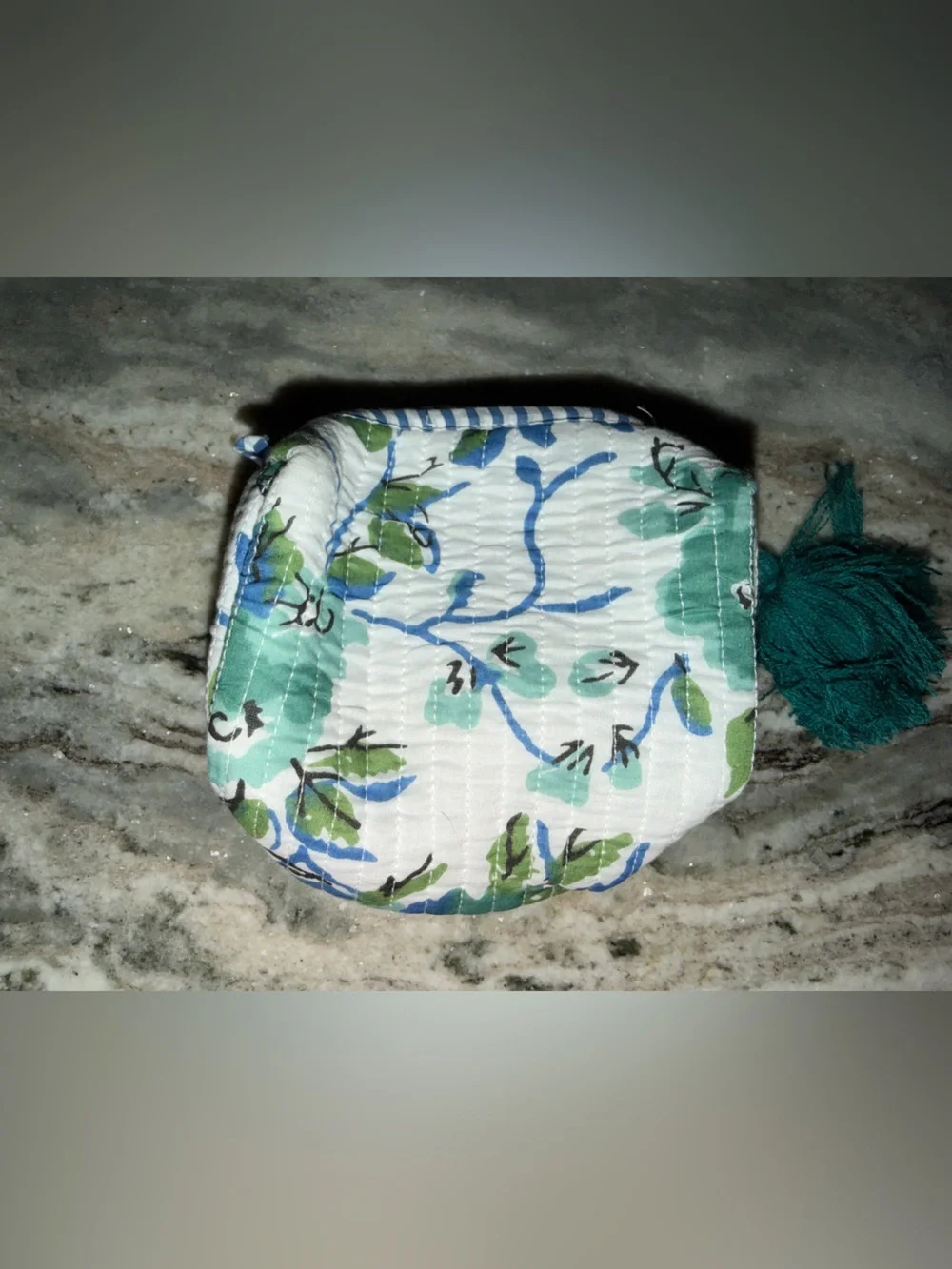 Floral Quilted Coin Pouch with Teal Tassel